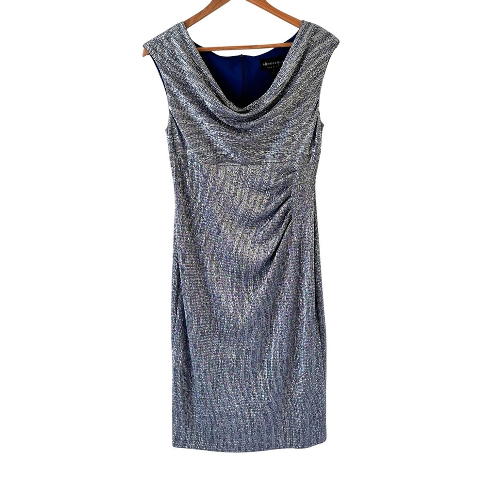 Y2K Connected Apparel Midi Dress Womens 8 Silver Cowl Neck Ruched Cocktail Party